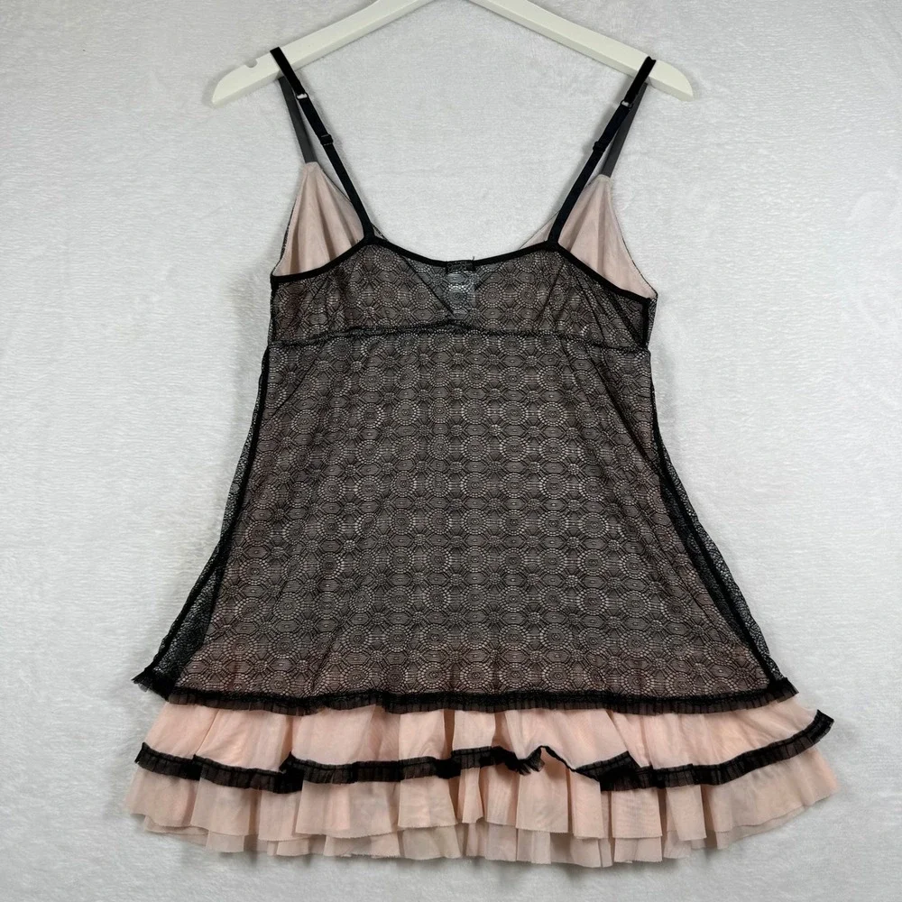 Jessica Simpson Black Pink Lace Ruffle Babydoll‎ Chemise JS60630 Womens Medium
